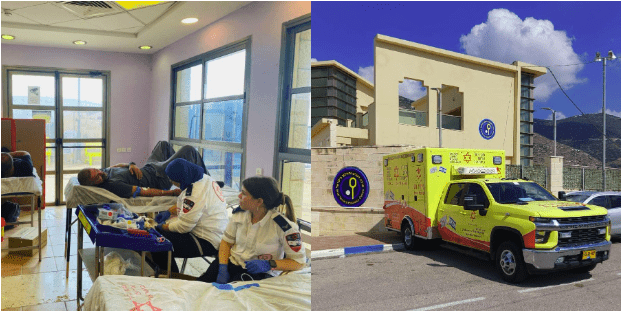 One frame shows individuals giving blood and another shows a EMS van outside an ITEC facility